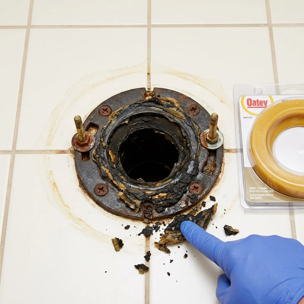 Failed wax ring showing water seepage at the base of a toilet in a Belleville, IL home