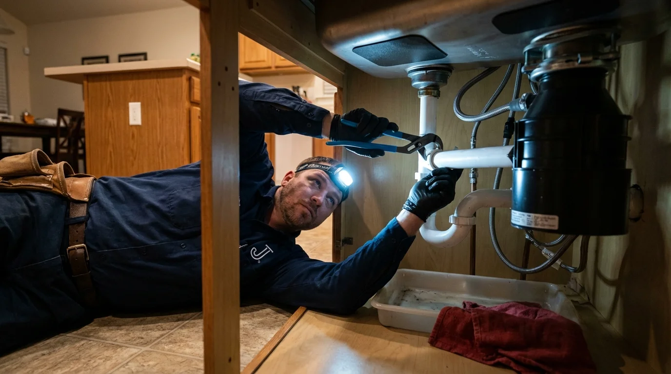 P-trap and supply line connections under a kitchen sink showing a common leak point in Belleville, IL